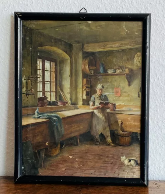 Ölgemälde Bäcker Backstube Bäckerei Bakery Baker ≈ 1890 Katze Backbuch