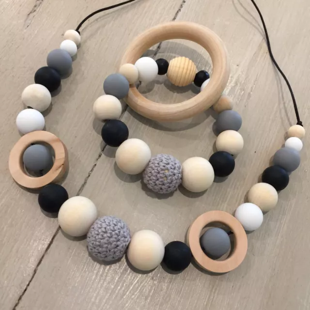 Nursing Necklace & Teether Gift Set, BPA Free Silicone, Organic Wood,Monochrome