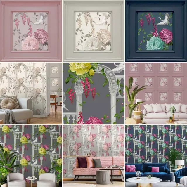 Belgravia Corinthia Wallpaper Wood Panel Archway Floral Cranes - Various Colours