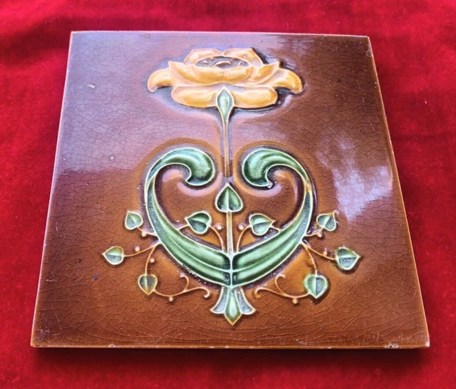 1 Piece Old Art Flower Design Embossed Majolica Ceramic Tiles England 0380 2