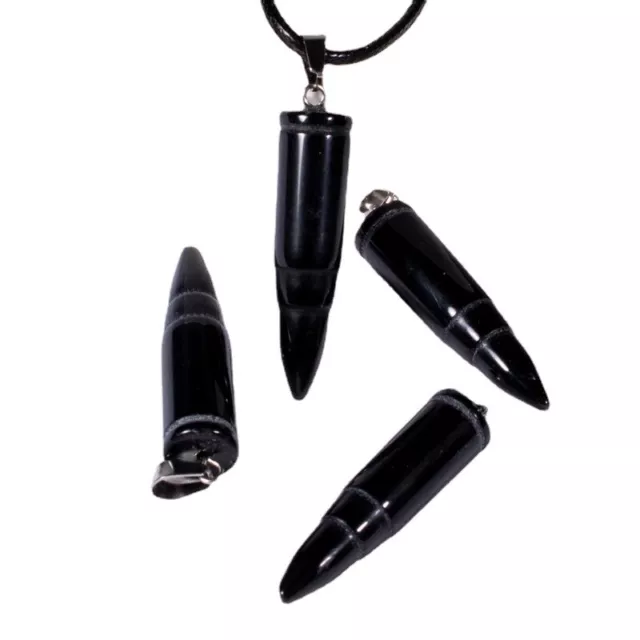 Natural Black Obsidian Quartz Crystal Bullet Pendant Healing Stone Necklace Gift