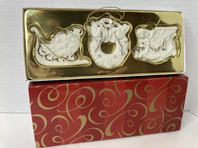 AVON 3 Piece Porcelain Christmas Ornaments Bisque w/ 24k Gold Accent NOS 2001 FS