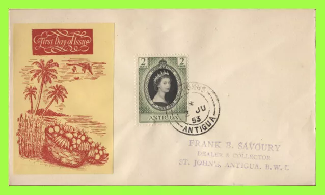 Antigua 1953 QEII Coronation sticker (red/yellow) First Day Cover