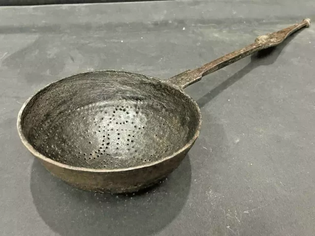 Old Antique Rare Unique Handmade Rustic Iron Big Strainer Spoon, Kitchenware