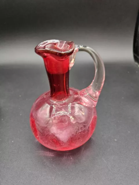 VTG. Fenton Cranberry Glass Pitcher Clear Handle with Inverted Thumbprint