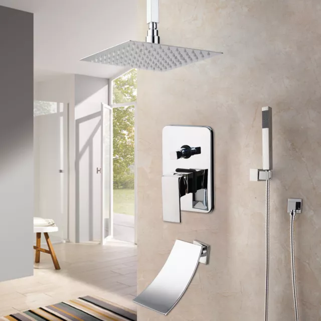 8" Bathroom Faucet Set Ceiling Mounted Mixer Chrome Rainfall Shower Head Taps