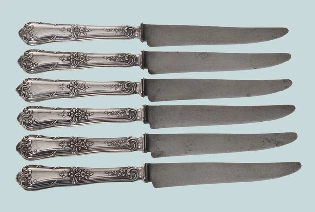 6 Couteaux de Table Style Louis XV en Argent Monogramme LS Boulenger Orfèvre 19e