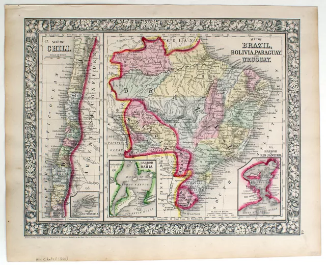 1866 Chile Brazil Bolivia Paraguay Uruguay, Mitchell Antique Hand-Colored Map