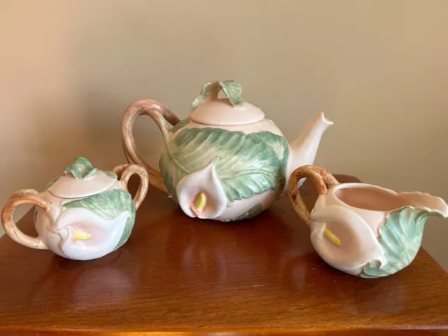 ☆Vintage 1987 Fitz and Floyd Calla Lily Teapot Creamer & Covered Sugar Bowl