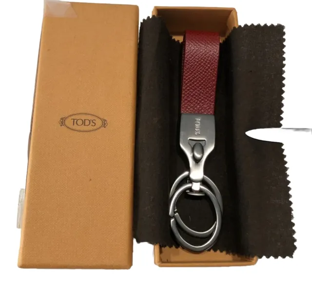 TODS ITALY Burgundy Leather Unisex Key Fob Chain Double Rings Brand New In Box