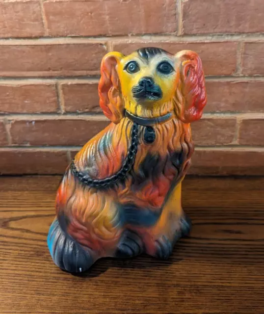 Vintage Chalkware Staffordshire Spaniel Dog - Rare Carnival Colors!