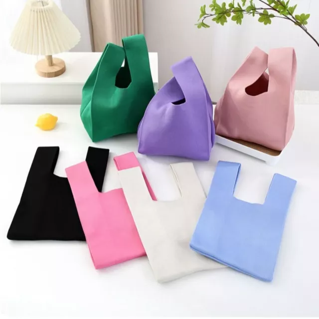 HANDMADE TOTE BAG Solid Color Shopping Bags Casual Knot Wrist Bag Women ...