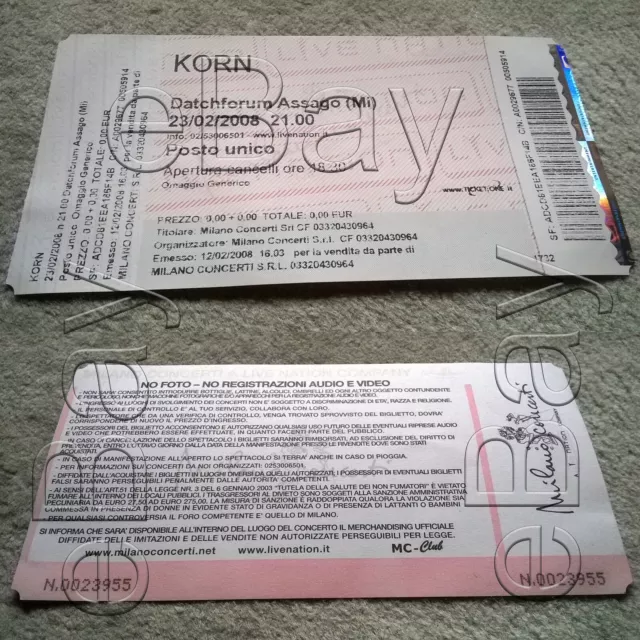Korn 2008 Datchforum Assago Milan Italy Concert Ticket Stub Biglietto Concerto