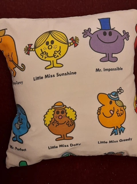 Raro cuscino Mr Men and Little Miss 18" realizzato in tessuto vintage originale