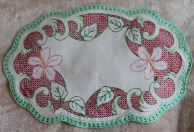 Vintage Large Linen Embroidered Floral Doily