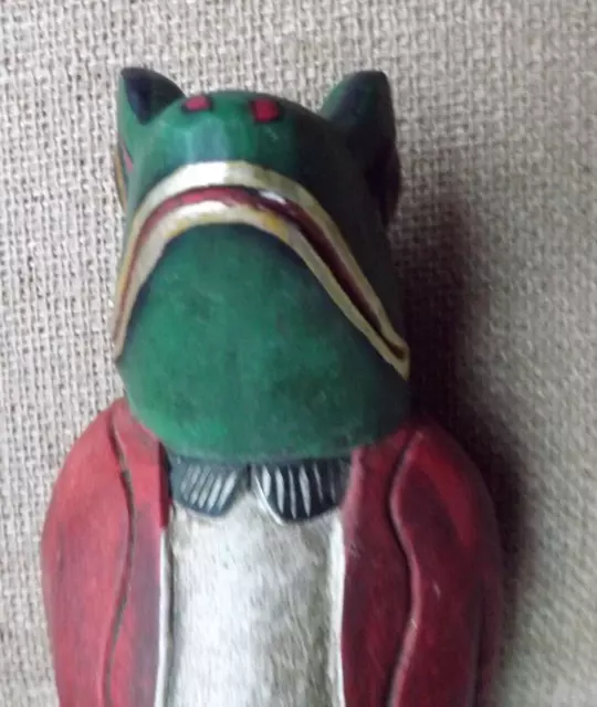 Large frog wooden carved painted gentleman red green vintage figurine 2