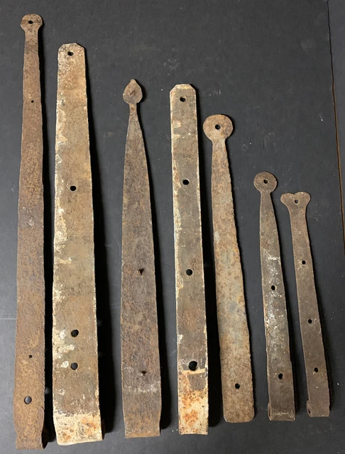 Antique Hand Forged Iron Barn Door Strap Hinges Lot of 7 from 24 1/4" to 11 3/4" 3