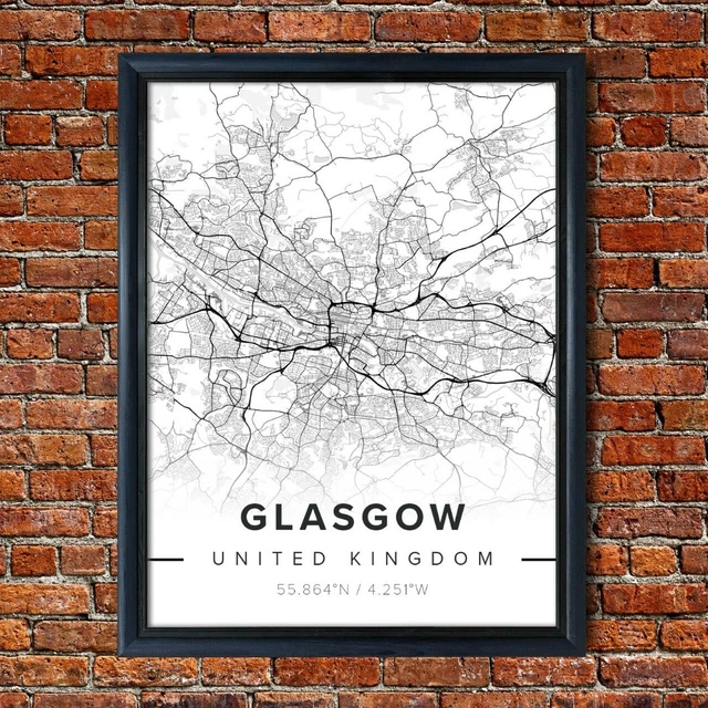 MAP OF GLASGOW Poster Black & White Map Novelty Gift Framed Art City