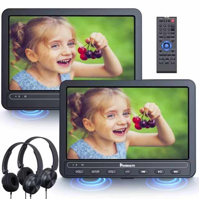 2x10.1'' Dual Screen Car Headrest DVD Player Rear-Seat Monitor Battery+Headsets