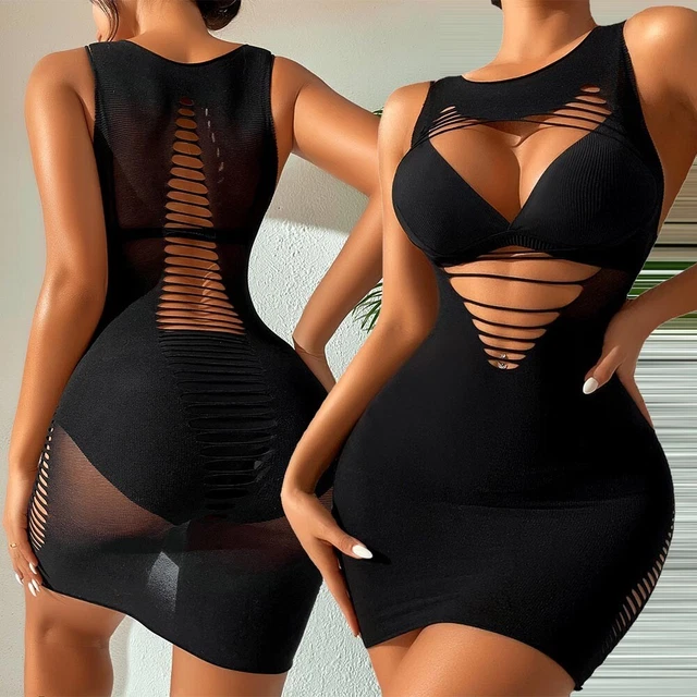 Robe courte robe femme vêtements de nuit sans manches filet de pêche creux