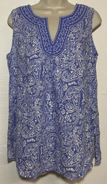 NWT Carole Little Medium Tank Top Blue White Linen Blend V-Neck Sleeveless Tunic