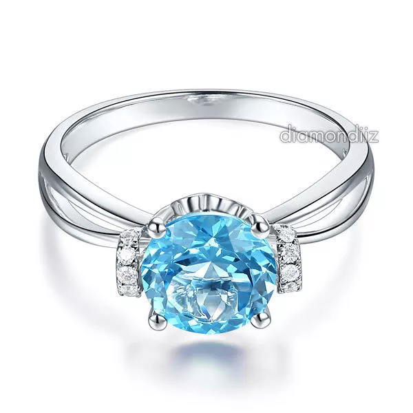 Bague de promesse de mariage en or blanc 14 carats 2 carats topaze bleue suisse diamant naturel 3