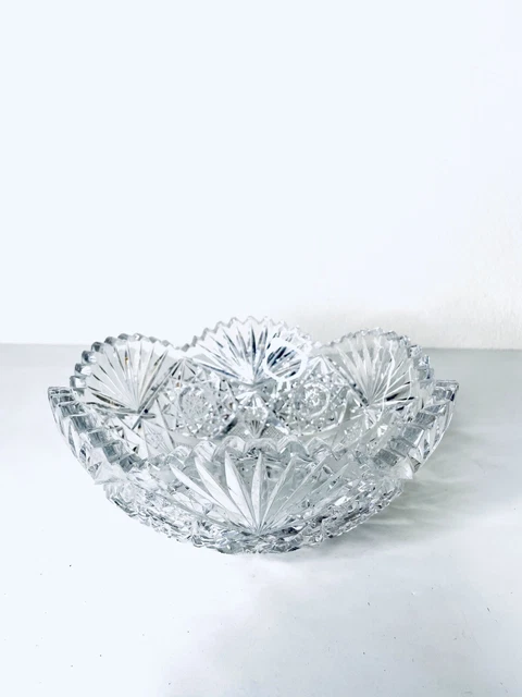 VTG American Brilliant Sawtooth Cut Crystal 8"x3”H Round Crystal Bowl Dish