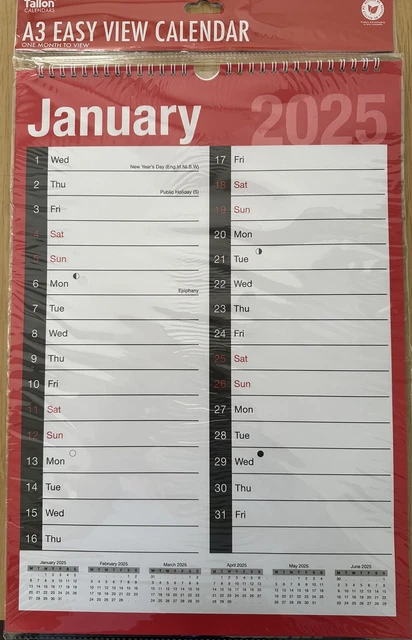 2025 A3 CALENDAR - Monthly Wall Planner Two Column - Office Home School ...