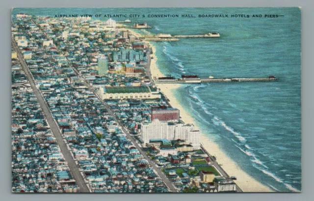 Atlantic City New Jersey Boardwalk Hotels Aerial View Piers 1940s Linen Postcard