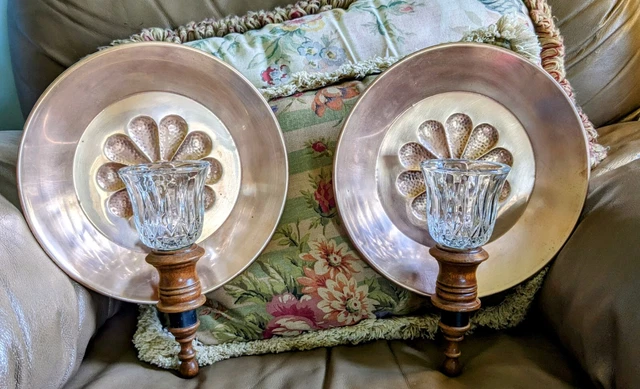 Set of 2 Vintage Copper Sconce Wall Mount Candle Reflector with 2  Glass Votives 2
