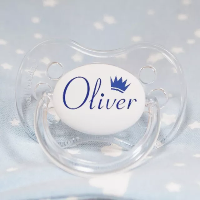 *2-Pack* Personalised Dummy Pacifier Soother, Various Teats, Name & Crown Blue