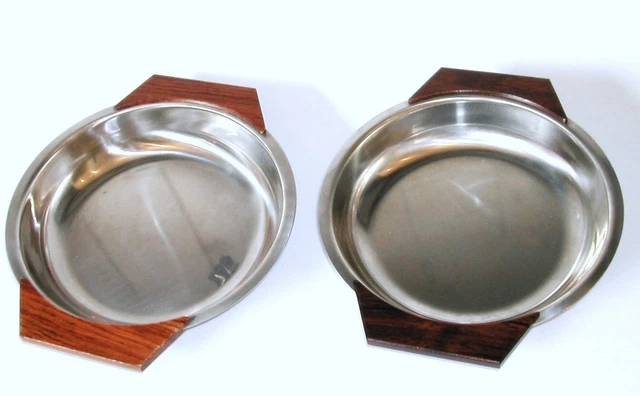 2 uds Braun & Kemmler Acero Inoxidable Plato Teca Madera Años 60 Vintage MCM