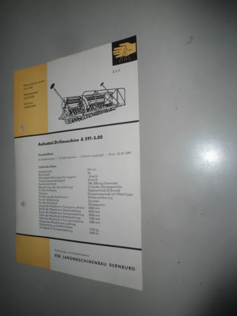 Datenblatt Prospekt Landwirtschaft DDR Aufsattel-Drillmaschine Bernburg