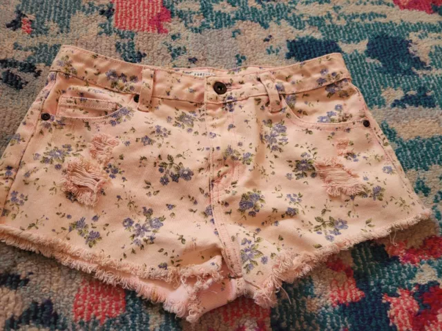 Forever 21 womens juniors 26 pink w/ blue flowers denim jean shorts cottagecore