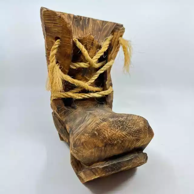 Vintage Large Folk Art Rustic Hand Carved Wood Boot Sculpture 9” TE6