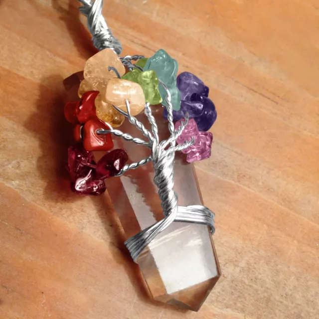 Smokey Quartz Crystal Tree Of Life Chakra Pendant Silver Wire Wrap Gemst Necklac