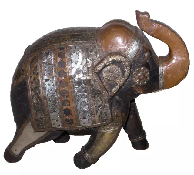 CARVED WOOD ELEPHANT Statue Ornate Hammered Brass Copper Bronze Metals ...