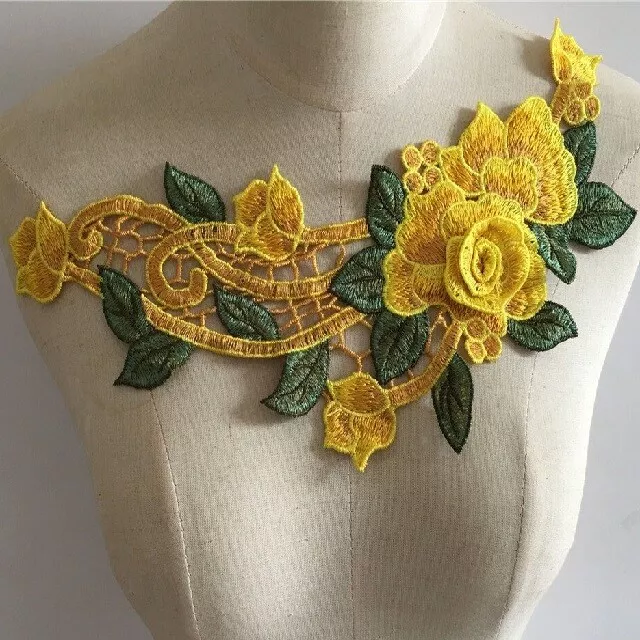 GRANDE APPLIQUE DENTELLE / JAUNE ** 32 x 13 cm ** FLEURS 3D FEUILLE - ACD32