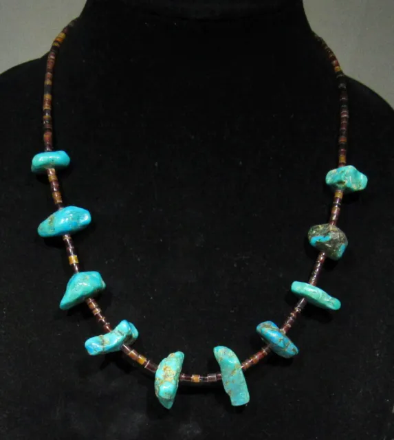 Big Old 50s Navajo 925 Silver Bench Beads Kingman Turquoise Nuggets Necklace 21"