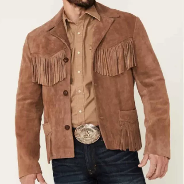 Mens Western Wear Suede Leather Cowboy Fringe Shirt Style Native American Jacket