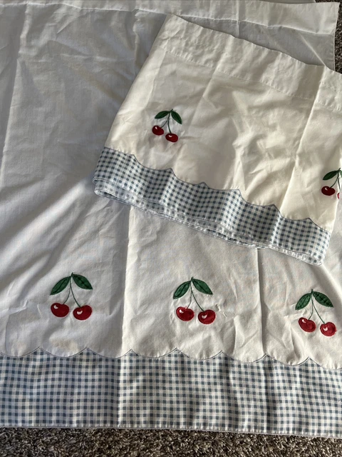 Vintage Cotton Valance Tier Embroidered Fruit Cherry BlueCheckered Country Farm Vintage Cotton Valance Tier Embroidered Fruit Cherry BlueCheckered Country Farm