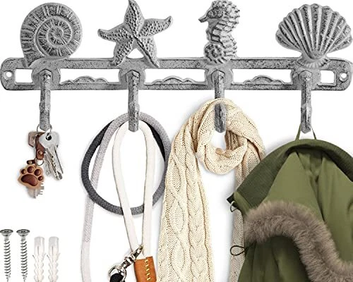 Vintage Seashell Coat Hook Hanger Rustic Cast Iron Wall Hanger w/ 4 D...