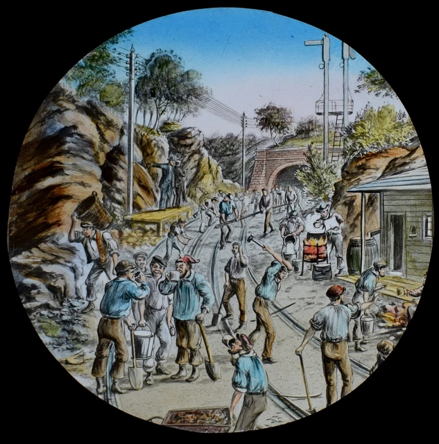 VICTORIAN MEN BUILDING THE RAILWAY C1890 ANTIQUE Magic Lantern Slide