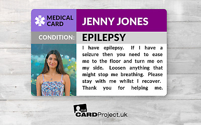 Tarjeta de alerta con foto médica para epilepsia