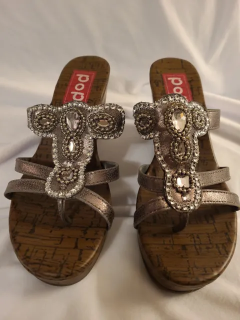 Pop Women's Jetson Slide Wedge Sandals Size 9 M Pewter Brown Beaded Jeweled
