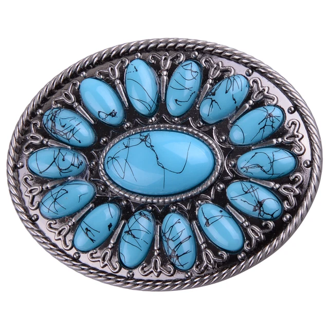 Men Women Vintage Retro Oval Turquoise Beads Leather Belt Buckle Cowboy Pop