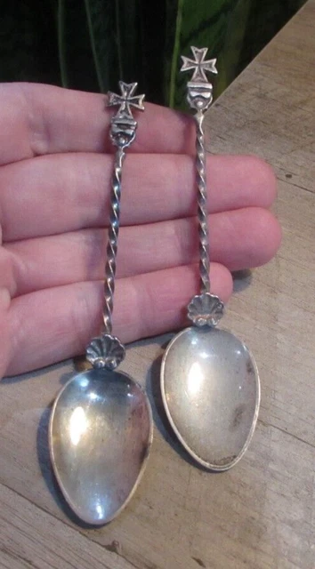 Pair of Antique Maltese Cross Malta Sterling Silver Souvenir Spoons 18.75g