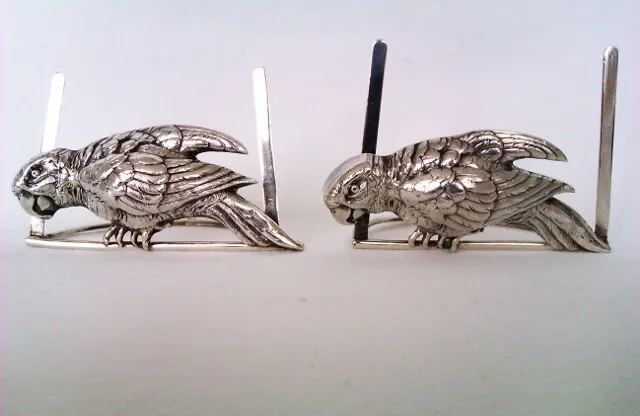 Extremely Rare Pair Of Solid Silver Perched Parrot Menu Holders London 1902