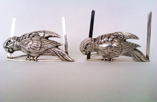 Extremely Rare Pair Of Solid Silver Perched Parrot Menu Holders London 1902