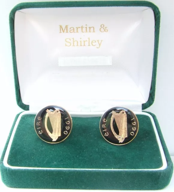 1990 IRISH Cufflinks made from old IRELAND  coins in Black & Gold